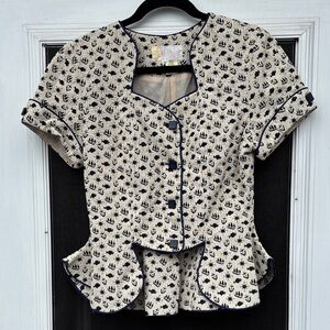 CASANOVA PARIS FRANCE Tailored Cream & Navy Nautical Peplum Blouse-S-VINTAGE-WOW